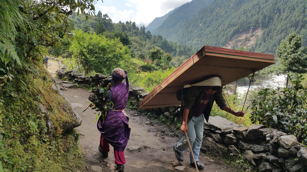 Ein Stapel Sperrholzbretter auf dem Weg nach oben. Dieses Gewicht möchte man sich nicht auf dem eigenen Rücken vorstellen.
