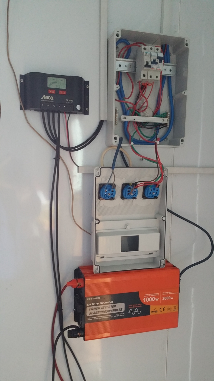 Die Solaranlage und der Regler sind nicht für eine Einspeisung ins Netz ausgelegt, was auch mangels Stromzähler keinen Sinn machen würde. Damit im Haus und in der Lodge nicht alle 230 V Versorgungsleitungen, Lampen und Lichtschalter doppelt verlegt und installiert werden müssen (einmal für Gemeinde-Strom und dann noch für den Solarstrom per Inverter), Kann man die Quelle für die Gesamtversorgung von Haus und Lodge per Stecker am Sicherungskasten wählen.
